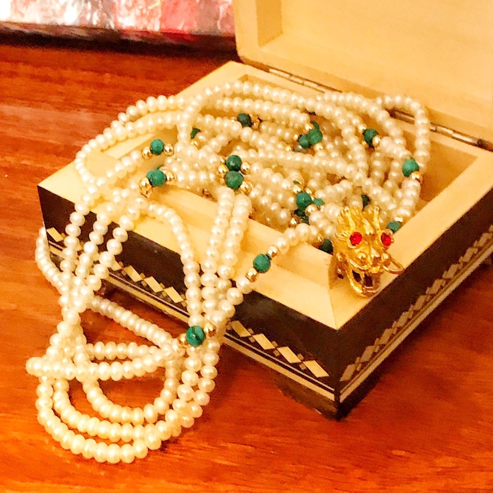 Vintage Dragon Clasp Real Pearl Necklace Valentine